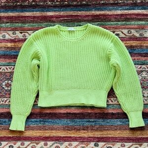 TNA Cropped Lime Green Crewneck Knit Sweater